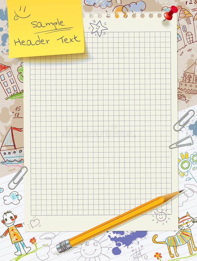 Blank notepad sheet on the background of children`s drawings and scribbles royalty free illustration
