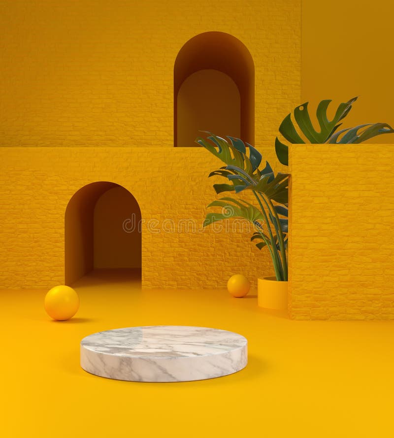 Template Display Marble And Abstract Yellow Building Background 3d render royalty free illustration