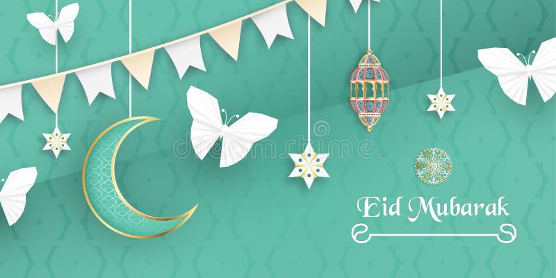 Template for Eid Mubarak with green and gold color tone. 3D Vector illustration in paper cut and craft  for islamic greeting card