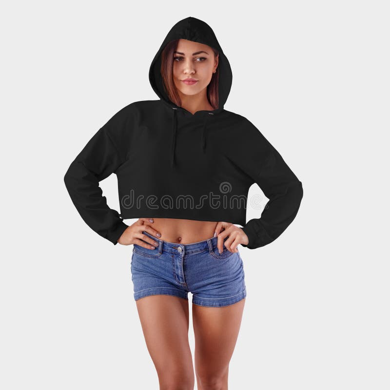 Mockup Hoodie on a Girl in Short Shorts, in a Hood, Back View, for ...