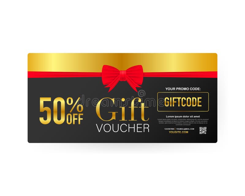 Template Gold Gift Card. Promo Code. Vector Gift Voucher with Coupon
