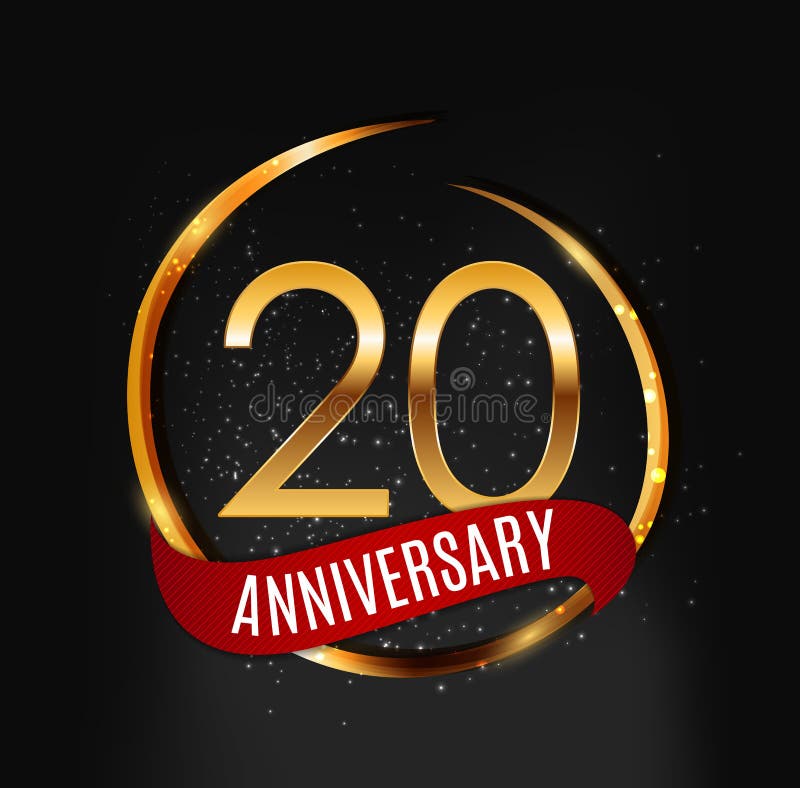 Template Gold Logo 20 Years Anniversary with Red Ribbon Vector Illustration