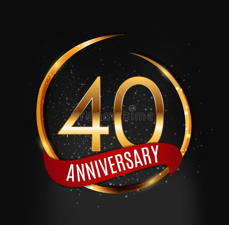 Template Gold Logo 40 Years Anniversary with Red Ribbon Vector Illustration