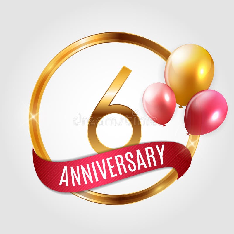 Template Gold Logo 6 Years Anniversary with Ribbon and Balloons Vector Illustration