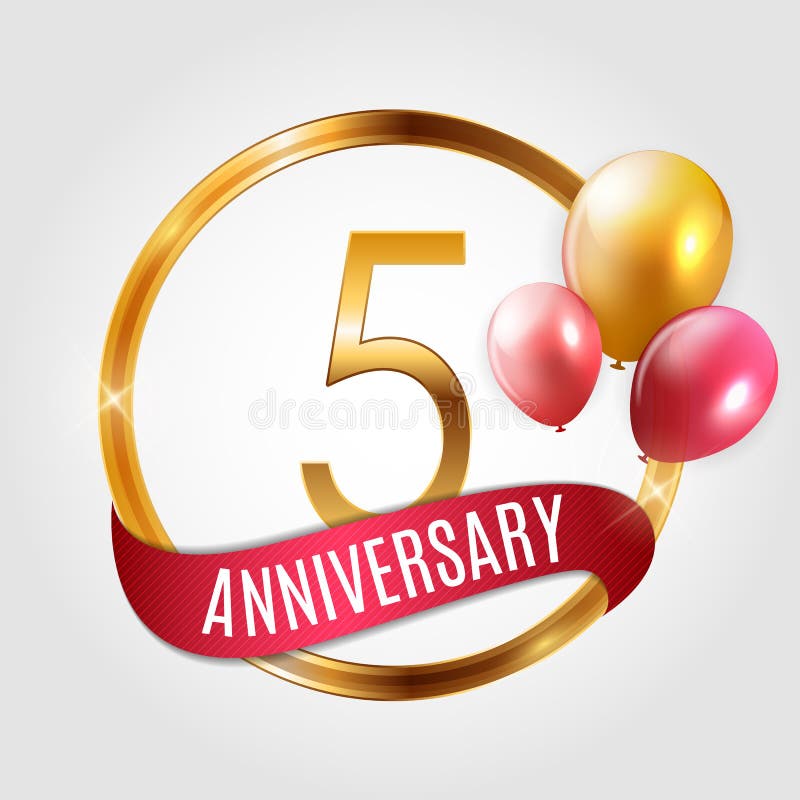 Template Gold Logo 5 Years Anniversary with Ribbon and Balloons Vector Illustration