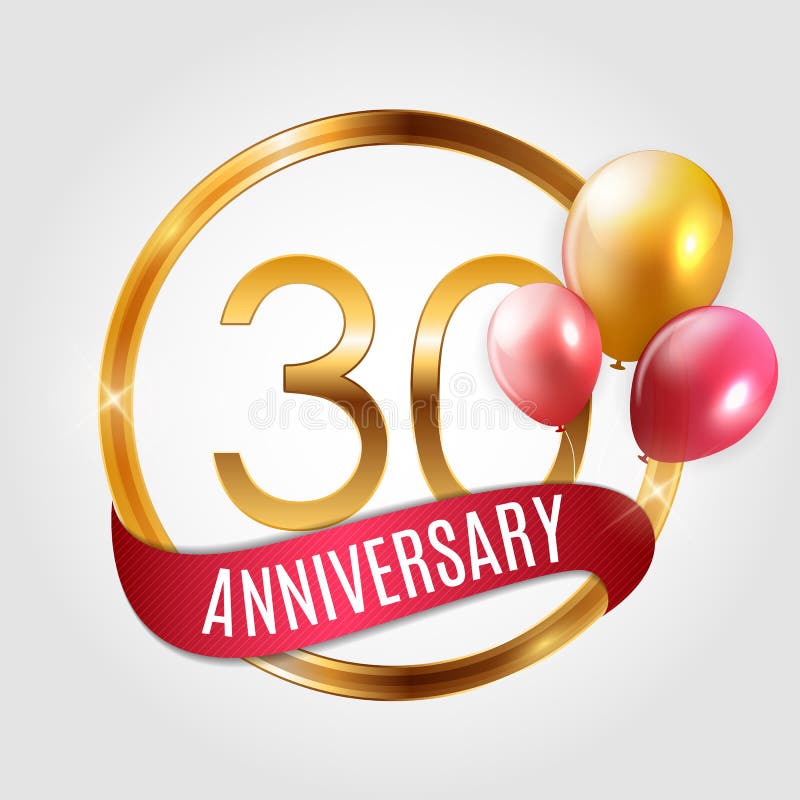 Template Gold Logo 30 Years Anniversary with Ribbon and Balloons Vector Illustration