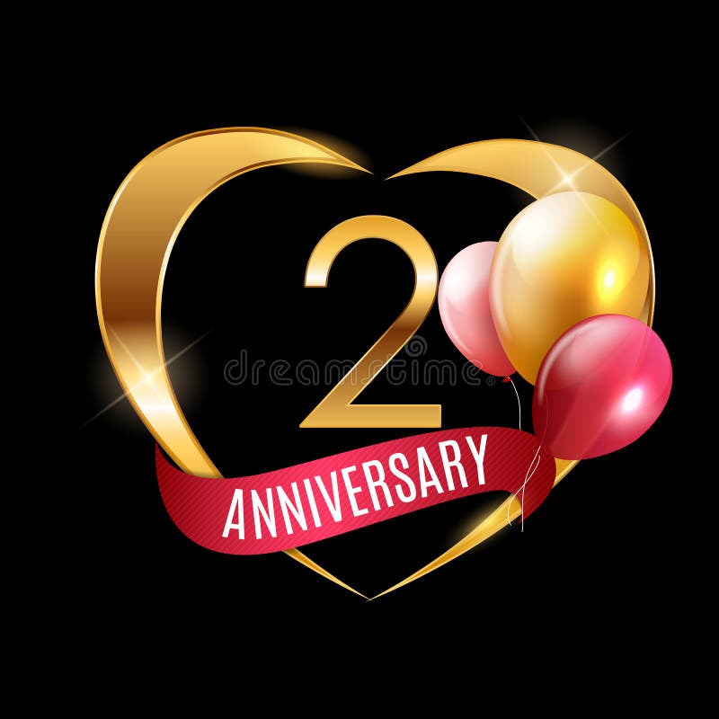 Template Gold Logo 2 Years Anniversary with Ribbon and Balloons Vector Illustration