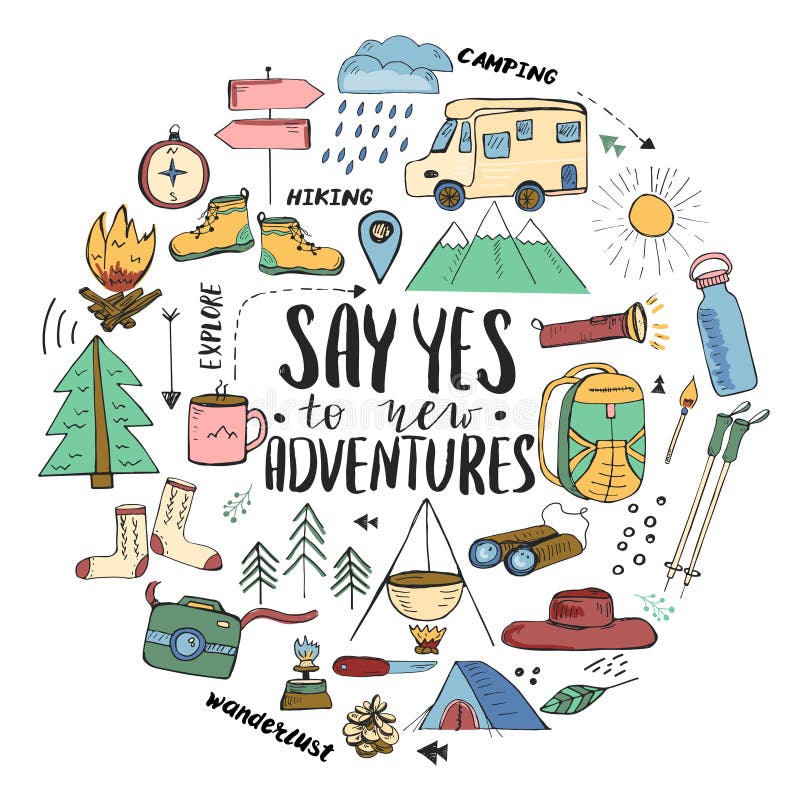Template with hand drawn elements related to hiking, camping and travelling stock illustration