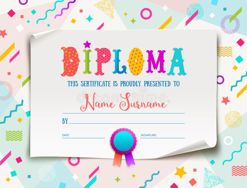 Template of kids diploma for kindergarten, school, preschool or playschool.