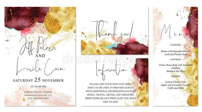 Burgundy, pink and gold wedding set with watercolor background