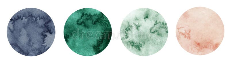 Abstract watercolor green, pink and grey circle shapes on white background. Color splashing hand drawn vector stock illustration