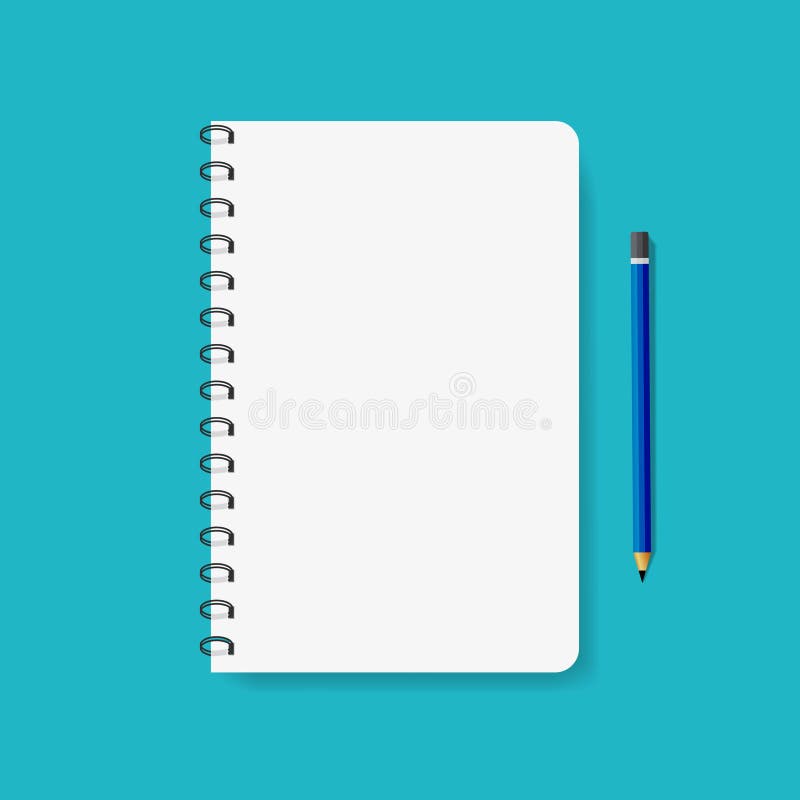 Template of spiral paper notebook for note. Mockup notepad with metal binder and pencil. Flat empty diary, copybook for school. vector illustration