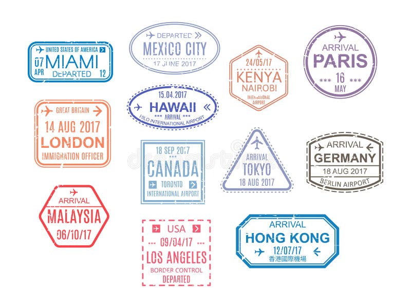 Template of an open passport with stamps, seals. Travel, immigration. stock illustration Template of an open passport with stamps, seals. Travel, immigration. stock illustration