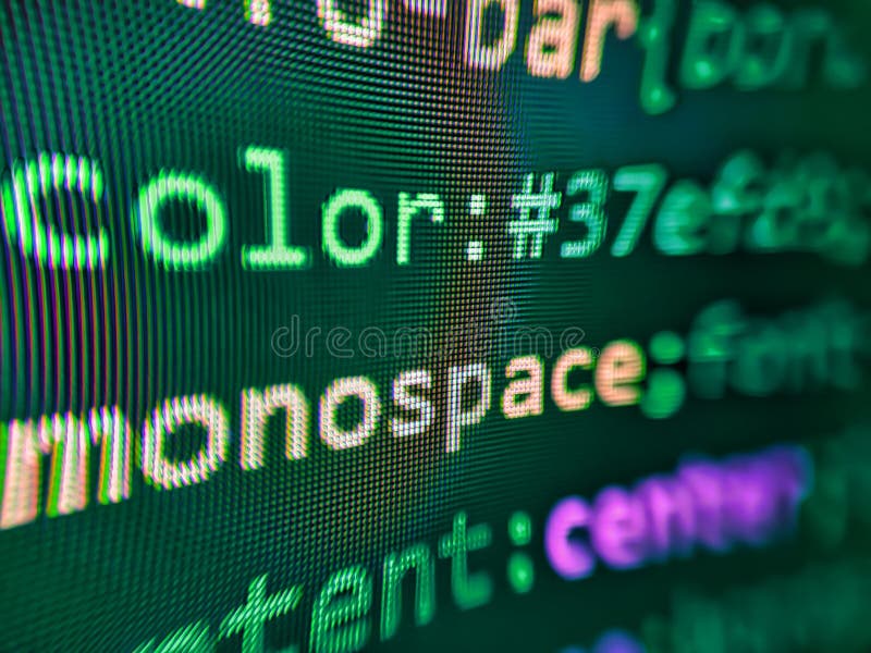 Template of website, selective focus. Developer display with source code. Programming code typing. Programmer working on computer royalty free stock image