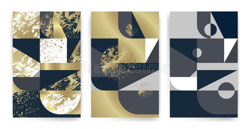 Templates with elegant geometric design. Marble effect texture, golden lines and geometric shapes vector illustration