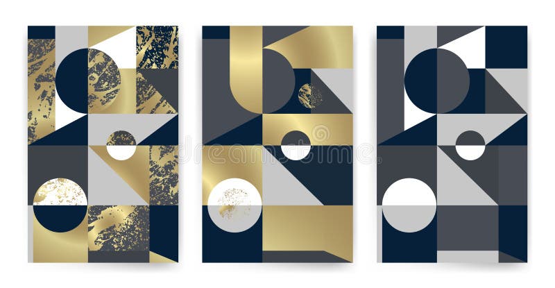 Templates with elegant geometric design. Marble effect texture, golden lines and geometric shapes vector illustration