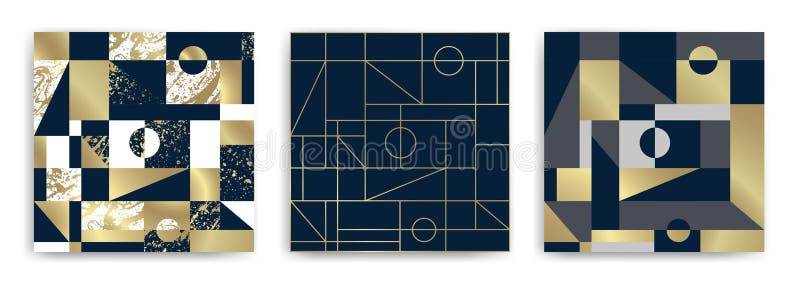 Templates with elegant geometric design. Marble effect texture, golden lines and geometric shapes stock illustration