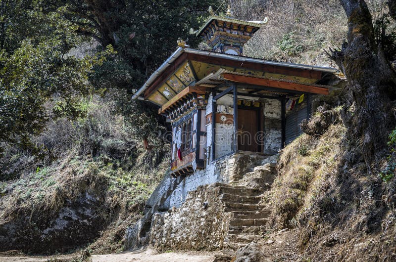 Temple along the footpath to the Tiger Nest, Paro, Bhutan stock photos Temple along the footpath to the Tiger Nest, Paro, Bhutan stock photos
