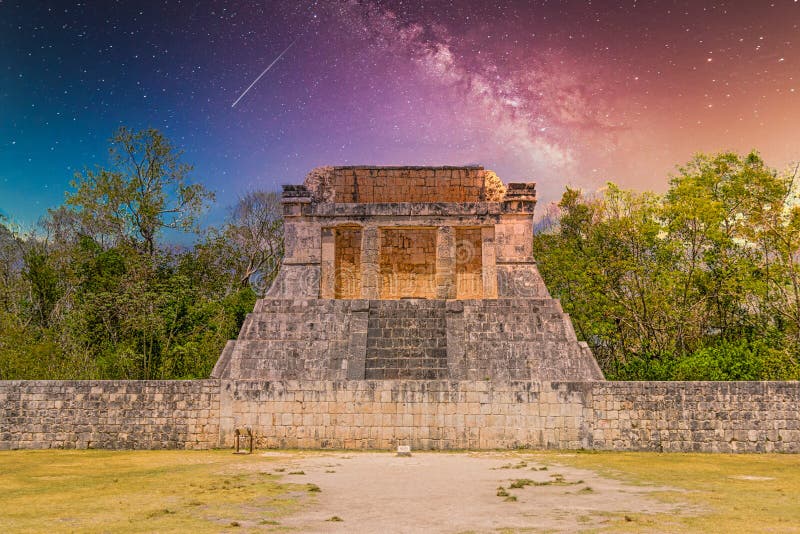 Temple of the Bearded Man at the end of Great Ball Court for playing pok-ta-pok near Chichen Itza pyramid, Yucatan, Mexico. Mayan