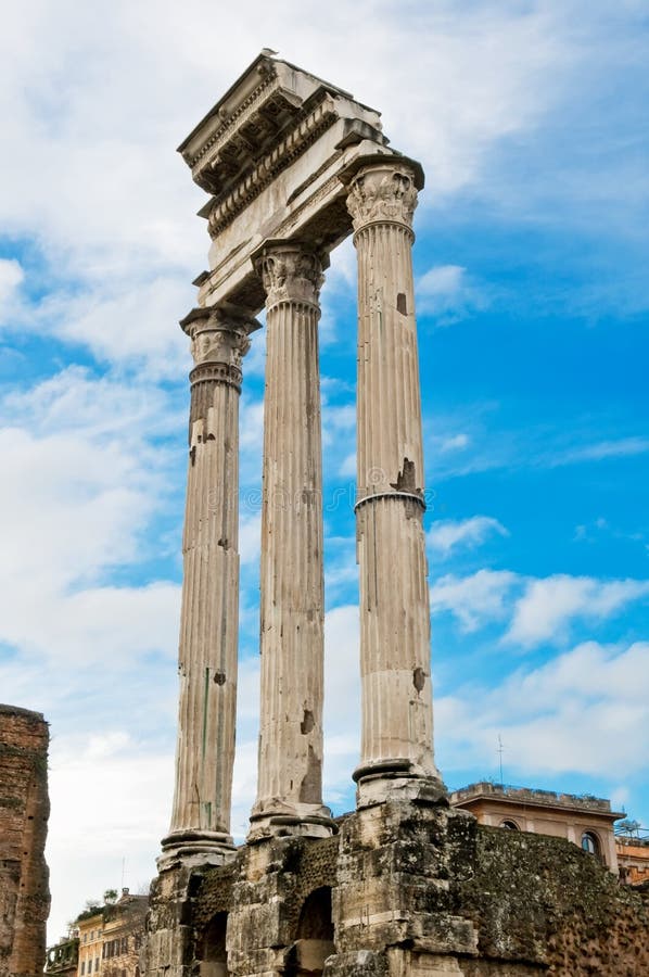 Three columns is part of Temple of Castor and Pollux, Foro Romano, Roma