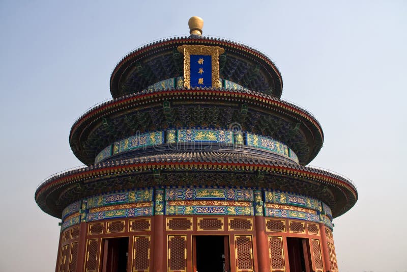Tiantan temple is the symbol of the ancient capital of Beijing. Tiantan is the main building, also called the prayer hall, is the Ming and Qing Dynasties two generations of emperors in the first month of prayer for the. It is a gilded ball on the top, blue tile red column, painted beautiful decoration. Three story circular hall. The hall is used in the structures of Royal house. Three layers of white marble circular hall 6 meters high was built in white stone railings around, is the garden valley altar, quite remarkable and outstanding potential, spectacular. The hall of prayer for good harvests of brick wood structure, hall 38 meters high, 32 meters in diameter, three story up layer by layer shrinkage for umbrella. Unique architecture, no long purlin beams and nails, twenty-eight gold rimmed nanmu pillars surround arrangement, supporting the house top weight. The hall is in accordance with the Jing Tianli God idea design house, round, symbolizes the sky; tile is blue, symbolizing the blue sky. The number of columns is said to house, built according to astronomical phenomena. Four Longjing post inner symbolize the four seasons of spring, summer, autumn, winter; twelve Jin around the symbol for one year and twelve months; twelve pillar peripheral symbol twelve hours a day. The middle and outer added twenty-four root, a symbol of twenty-four solar term. The three layer of a total of twenty-eight root symbol twenty-eight stars in heaven. Eight child column coupled with the top of the column, a total of thirty-six root, symbolizing the thirty-six tiangang. The column under the emperor Ding is a symbol of rule all the land. The hall of prayer for good harvests of the caisson is composed of two layers of Dougong and a layer of smallpox, intermediate for the Golden Dragon embossment, compact structure, furama. Pillar column garden stock images, royalty-free photos and pictures