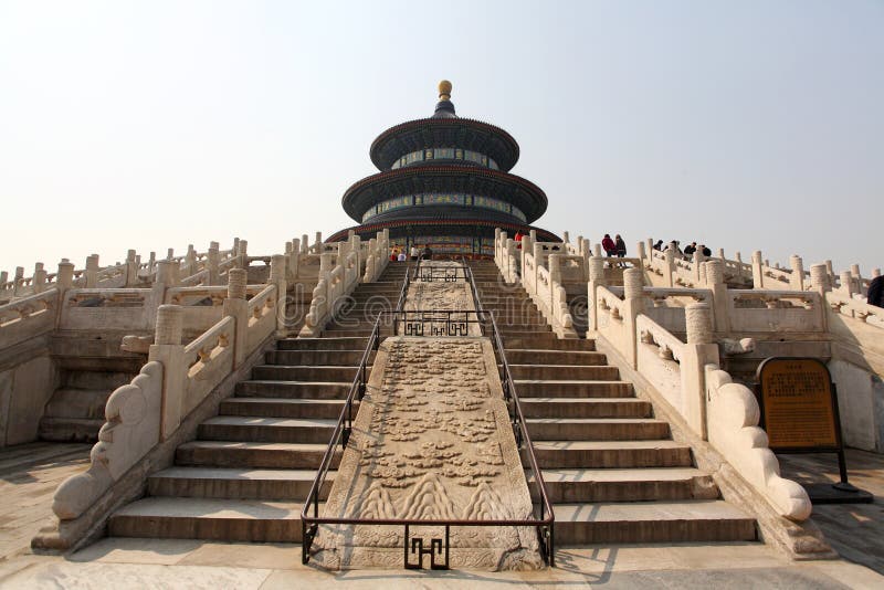 Tiantan temple is the symbol of the ancient capital of Beijing. Tiantan is the main building, also called the prayer hall, is the Ming and Qing Dynasties two generations of emperors in the first month of prayer for the. It is a gilded ball on the top, blue tile red column, painted beautiful decoration. Three story circular hall. The hall is used in the structures of Royal house. Three layers of white marble circular hall 6 meters high was built in white stone railings around, is the garden valley altar, quite remarkable and outstanding potential, spectacular. The hall of prayer for good harvests of brick wood structure, hall 38 meters high, 32 meters in diameter, three story up layer by layer shrinkage for umbrella. Unique architecture, no long purlin beams and nails, twenty-eight gold rimmed nanmu pillars surround arrangement, supporting the house top weight. The hall is in accordance with the Jing Tianli God idea design house, round, symbolizes the sky; tile is blue, symbolizing the blue sky. The number of columns is said to house, built according to astronomical phenomena. Four Longjing post inner symbolize the four seasons of spring, summer, autumn, winter; twelve Jin around the symbol for one year and twelve months; twelve pillar peripheral symbol twelve hours a day. The middle and outer added twenty-four root, a symbol of twenty-four solar term. The three layer of a total of twenty-eight root symbol twenty-eight stars in heaven. Eight child column coupled with the top of the column, a total of thirty-six root, symbolizing the thirty-six tiangang. The column under the emperor Ding is a symbol of rule all the land. The hall of prayer for good harvests of the caisson is composed of two layers of Dougong and a layer of smallpox, intermediate for the Golden Dragon embossment, compact structure, furama. Pillar column garden stock images, royalty-free photos and pictures