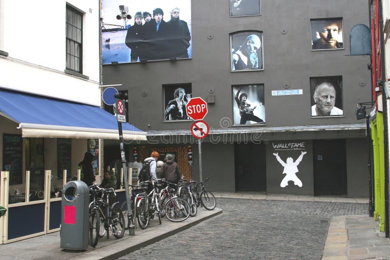 Temple Lane South with the famous Wall of Fame with several famous Irish musical artists in the city centre of Dublin in Ireland. Temple Lane South with the famous Wall of Fame with several famous Irish musical artists in the city centre of Dublin in Ireland