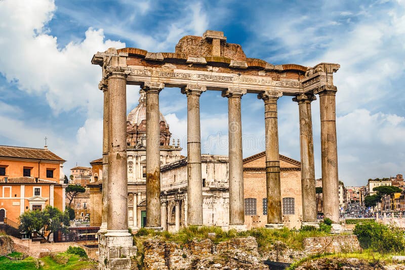 Temple of Saturn ruins in Roman Forum, Rome, Italy