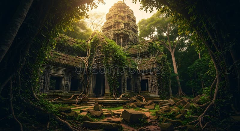 Templo antiguo envuelto en una densa jungla probablemente localizada en Angkor Camboya. El ilustración del vector