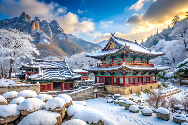 Templo Baekyangsa en Snowy Naejangsan. Templo Baekyangsa y caída de la nieve en la montaña de Naejangsan en Corea durante el invierno mostrando un paisaje sereno