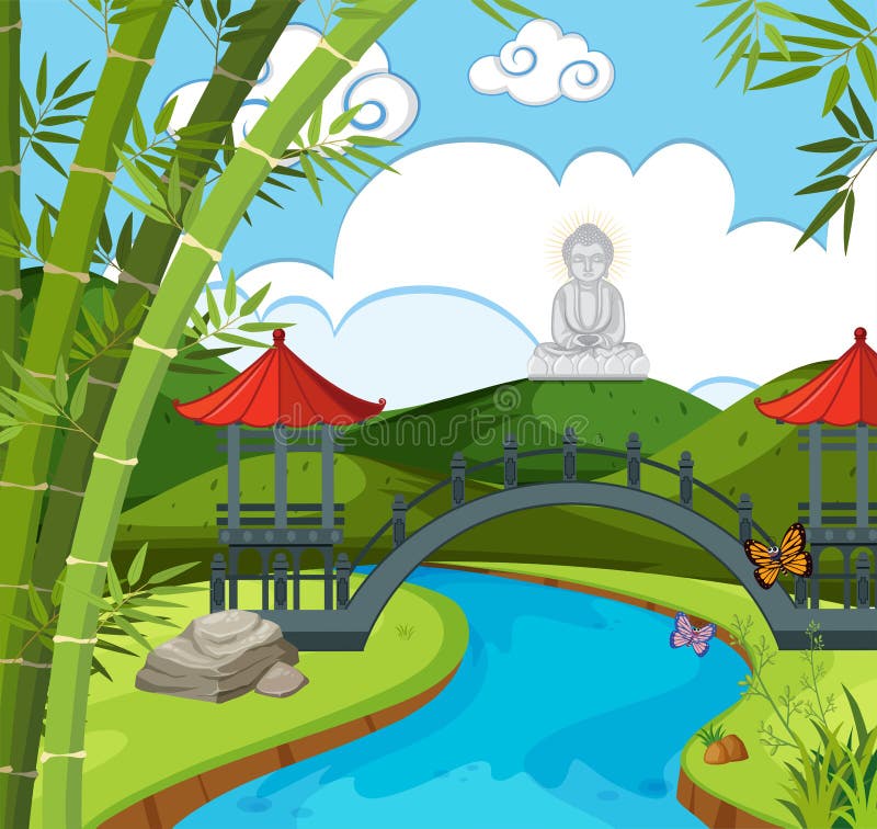 Templo chino con el río y la figura de Buda libre illustration Templo chino con el río y la figura de Buda libre illustration