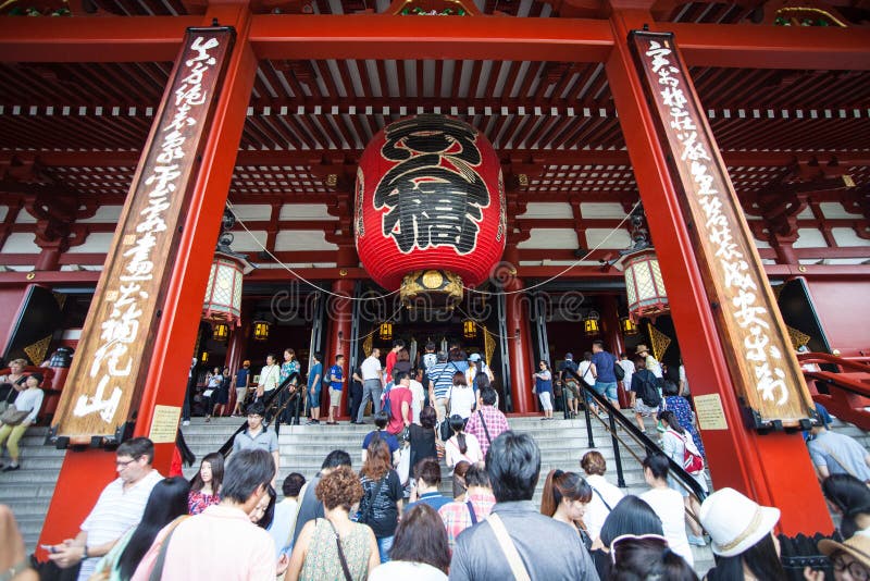 Nakamise shopping street in Asakusa, Tokyo. The busy arcade connects Senso-ji Temple to it's outer gate Kaminarimon, which can just be seen in the distance. Nakamise shopping street in Asakusa, Tokyo. The busy arcade connects Senso-ji Temple to it's outer gate Kaminarimon, which can just be seen in the distance