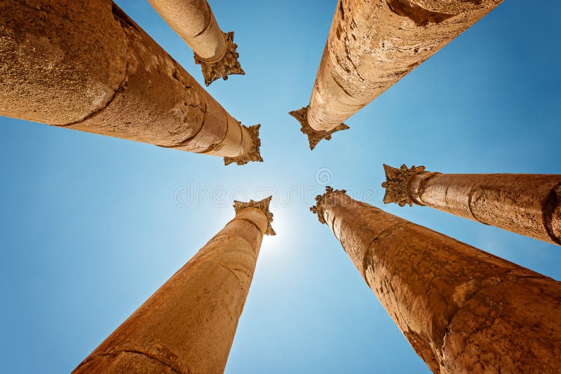Roman columns in the Jerash Gerasa, Jordan. Temple of Artemis in Jerash, the Gerasa of Antiquity. Roman columns in the Jerash Gerasa, Jordan. Temple of Artemis in Jerash, the Gerasa of Antiquity