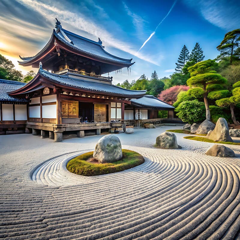 Templul budist Serene Zen înconjurat de pietriș șat și pietre echilibrate royalty free illustration