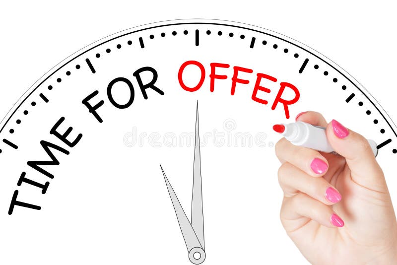 Tempo da escrita da mão da mulher para a mensagem da oferta com o marcador vermelho em Tra ilustração royalty free Tempo da escrita da mão da mulher para a mensagem da oferta com o marcador vermelho em Tra ilustração royalty free
