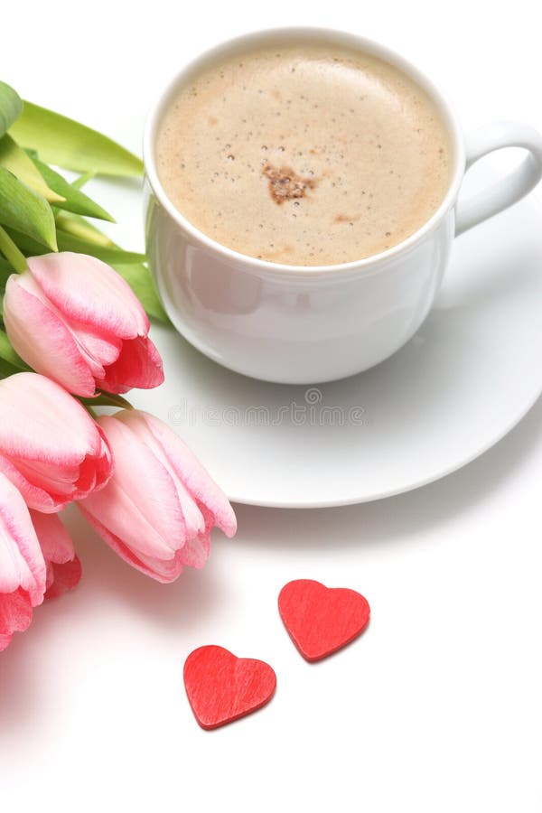 Coffee cup,two heart with pink tulip on white background. Coffee cup,two heart with pink tulip on white background.