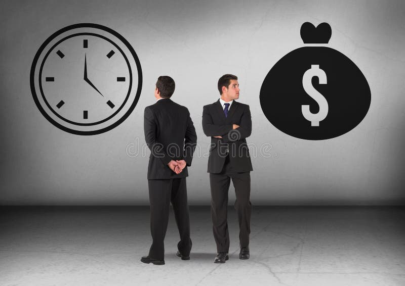 Tempo della borsa e di orologio dei soldi con l'uomo d'affari che guarda nelle direzioni opposte immagine stock Tempo della borsa e di orologio dei soldi con l'uomo d'affari che guarda nelle direzioni opposte immagine stock