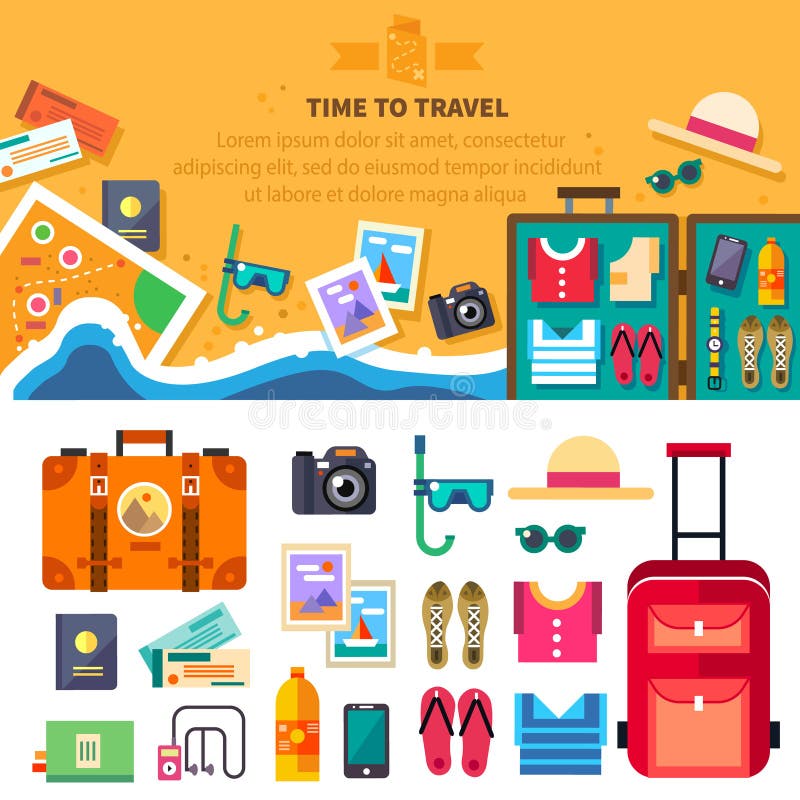 Time to travel, summer vacation, beach rest. Vector flat background and objects illustrations. Time to travel, summer vacation, beach rest. Vector flat background and objects illustrations