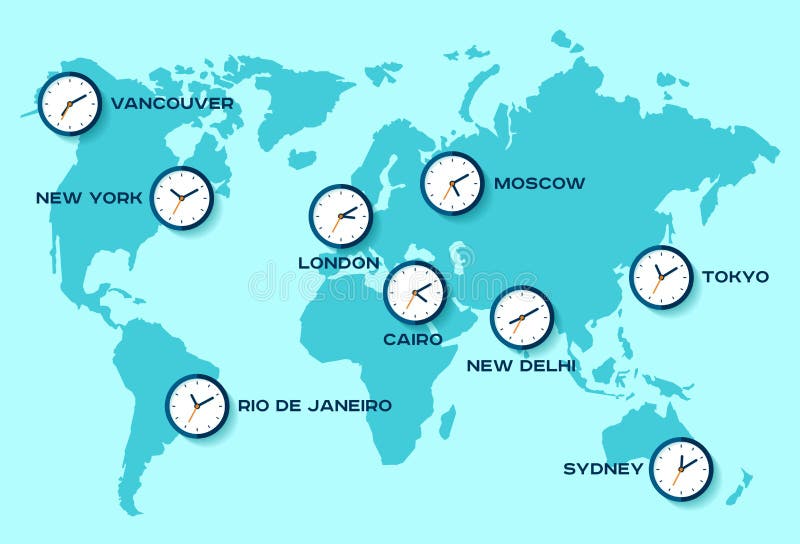 World time. Simple Clock icons on world map. Objects in flat style. New York, London, Tokyo. Watch on blue background. Business illustration for you presentation. Vector design objects. World time. Simple Clock icons on world map. Objects in flat style. New York, London, Tokyo. Watch on blue background. Business illustration for you presentation. Vector design objects.