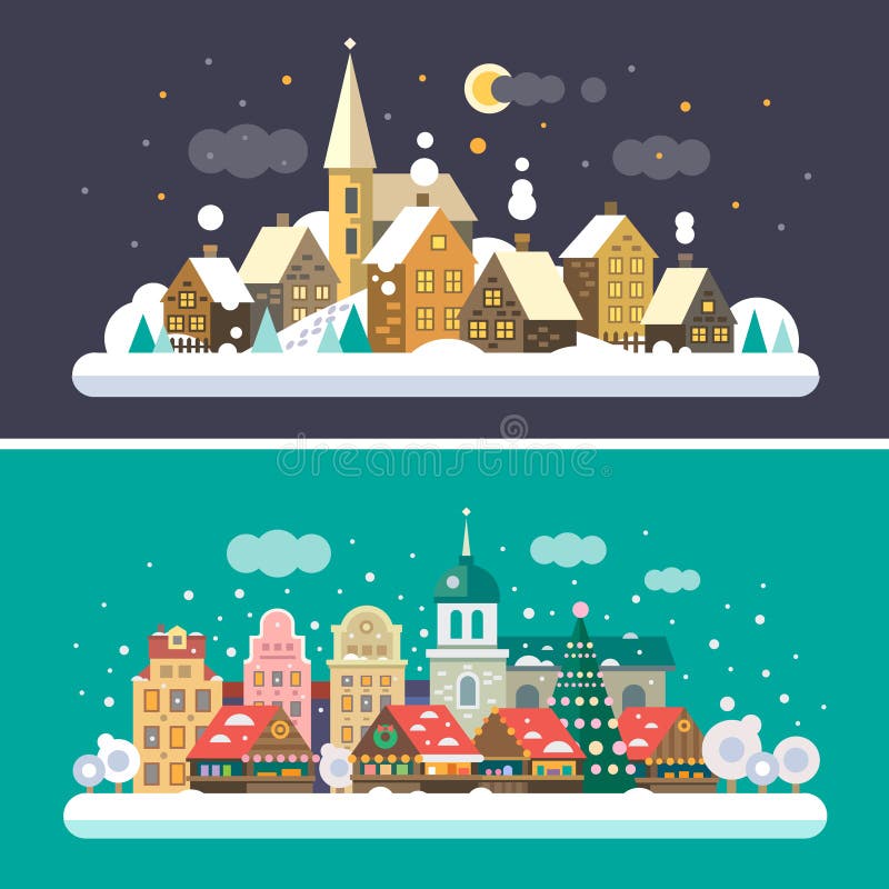 Tempo do Natal Paisagens urbanas e da vila ilustração stock Tempo do Natal Paisagens urbanas e da vila ilustração stock
