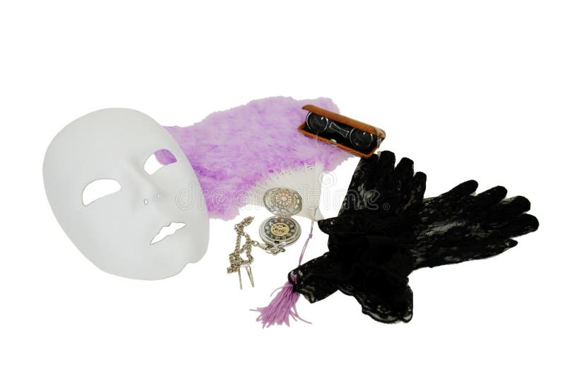 White Mask, Delicate pastel feather Fan with tassles, Lace Gloves with a delicate pattern, Antique opera glasses used to view distant events, Silver pocket watch with a metal chain. White Mask, Delicate pastel feather Fan with tassles, Lace Gloves with a delicate pattern, Antique opera glasses used to view distant events, Silver pocket watch with a metal chain