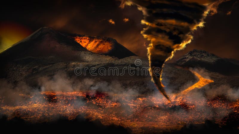 Tempo extremo com tornado do furacão e vulcão da entrada em erupção imagem de stock Tempo extremo com tornado do furacão e vulcão da entrada em erupção imagem de stock