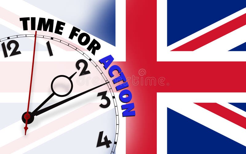 Tempo per azione contro fondo inbandierato BRITANNICO fotografie stock Tempo per azione contro fondo inbandierato BRITANNICO fotografie stock