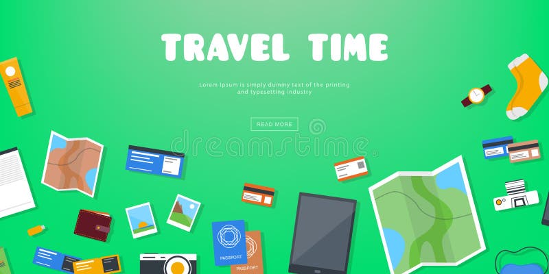 Temps de déplacement Bannière horizontale de la publicité sur le voyage de thème, vacances Préparation au voyage Contexte vert av illustration libre de droits Temps de déplacement Bannière horizontale de la publicité sur le voyage de thème, vacances Préparation au voyage Contexte vert av illustration libre de droits