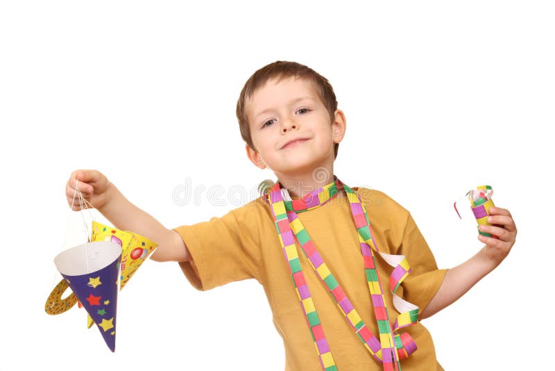 Five years old boy in party hat isolated on white. Five years old boy in party hat isolated on white