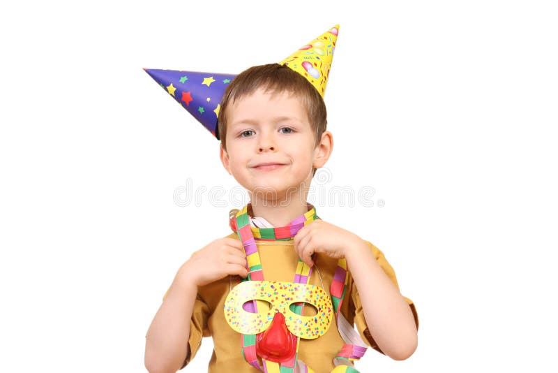 Five years old boy in party hat isolated on white. Five years old boy in party hat isolated on white