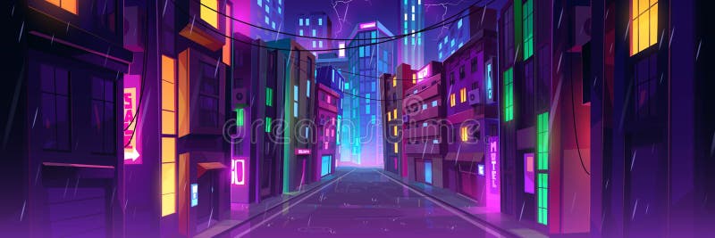 Rainy weather in night city street with neon lights. Vector cartoon illustration of rainfall in modern megalopolis with shops, apartment buildings. Windows of skyscrapers glowing in different colors. Rainy weather in night city street with neon lights. Vector cartoon illustration of rainfall in modern megalopolis with shops, apartment buildings. Windows of skyscrapers glowing in different colors