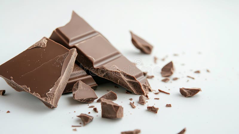 Tempting image of broken dark chocolate bar pieces with crumbs on a white background, perfect for chocolate lovers stock photo