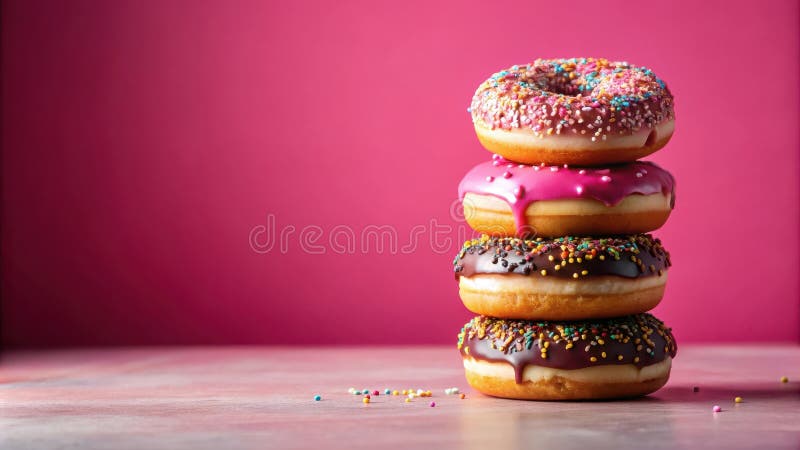 A tempting stack of four assorted donuts with colorful sprinkles and vibrant icing against a pink background. Generative AI vector illustration