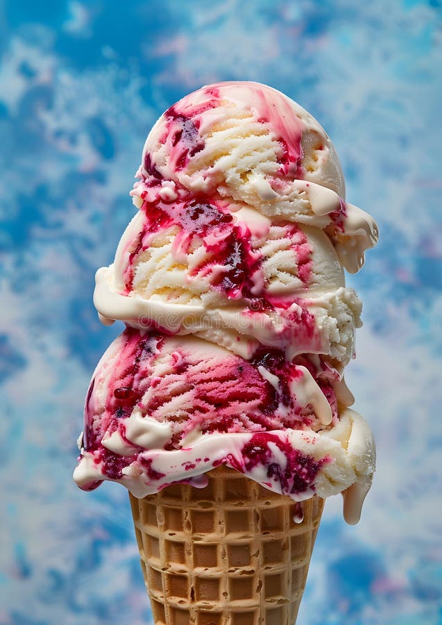 Indulge in a Triple Scoop Ice Cream Cone with Berry Swirls on a serene Blue Background, a tempting summer dessert stock photo